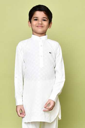 Buy_Petite Pomme_Cream Jacquard, Cotton Satin, Checkered Woven Pattern Pathani Kurta And Pyjama Set