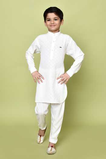 Shop_Petite Pomme_Cream Jacquard, Cotton Satin, Checkered Woven Pattern Pathani Kurta And Pyjama Set
