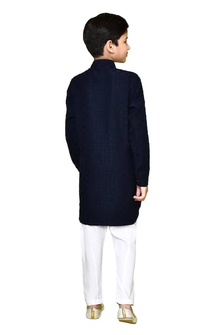 Shop_Petite Pomme_Blue Jacquard, Cotton, Rayon Checkered Woven Pathani Kurta And Pyjama Set _Online_at_Aza_Fashions