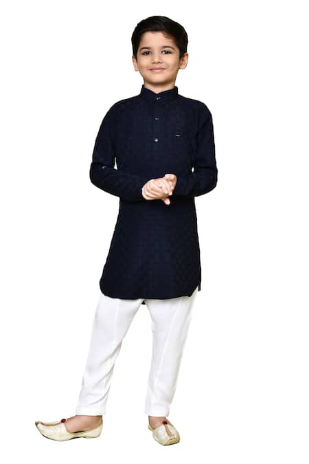 Petite Pomme_Blue Jacquard, Cotton, Rayon Checkered Woven Pathani Kurta And Pyjama Set _at_Aza_Fashions