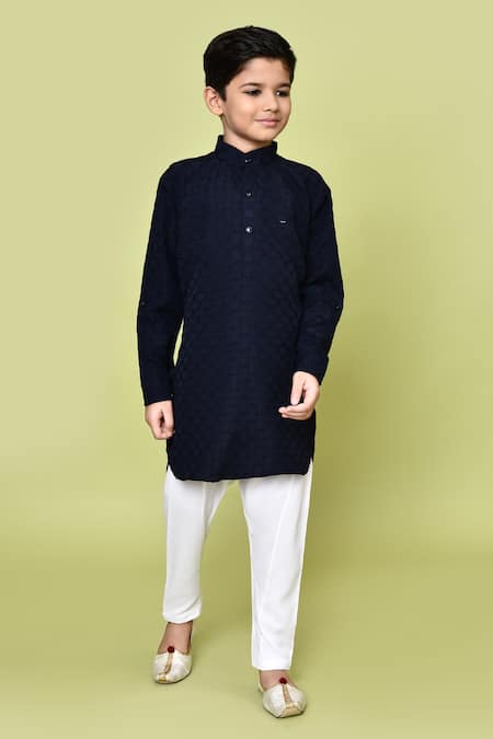 Buy_Petite Pomme_Blue Jacquard, Cotton, Rayon Checkered Woven Pathani Kurta And Pyjama Set 