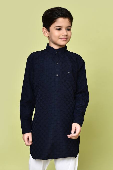 Shop_Petite Pomme_Blue Jacquard, Cotton, Rayon Checkered Woven Pathani Kurta And Pyjama Set 