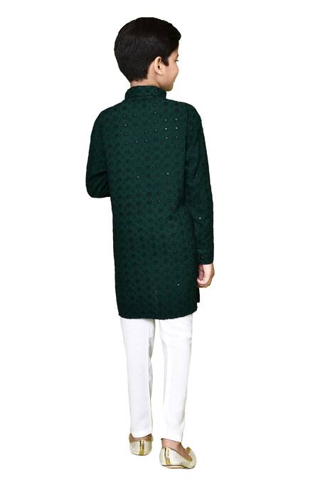 Shop Petite Pomme Green Cotton, Rayon Embroidery Pathani Kurta And Pyjama Set Online at Aza Fashions Shop_Petite Pomme_Green Cotton, Rayon Embroidery Pathani Kurta And Pyjama Set_Online_at_Aza_Fashions