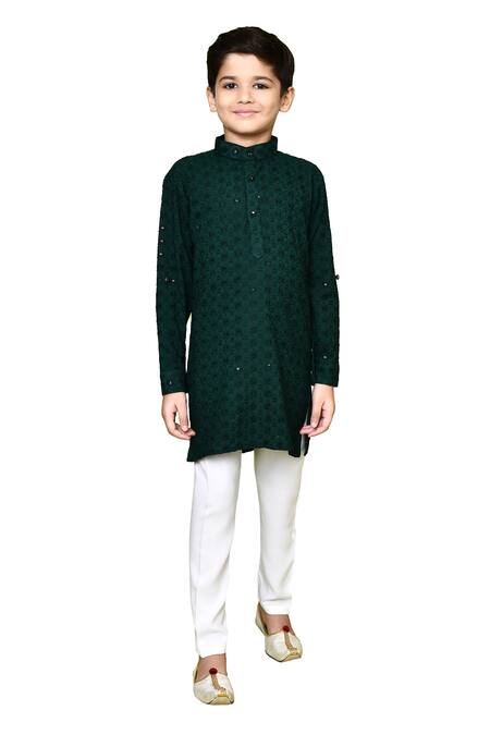 Petite Pomme Green Cotton, Rayon Embroidery Pathani Kurta And Pyjama Set at Aza Fashions Petite Pomme_Green Cotton, Rayon Embroidery Pathani Kurta And Pyjama Set_at_Aza_Fashions