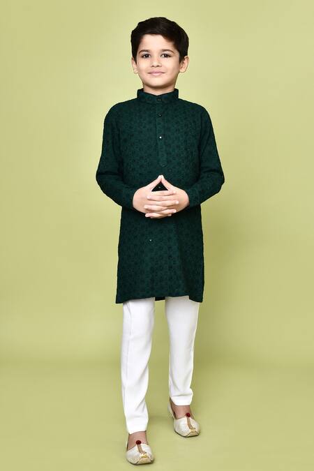 Shop Petite Pomme Green Cotton, Rayon Embroidery Pathani Kurta And Pyjama Set Shop_Petite Pomme_Green Cotton, Rayon Embroidery Pathani Kurta And Pyjama Set