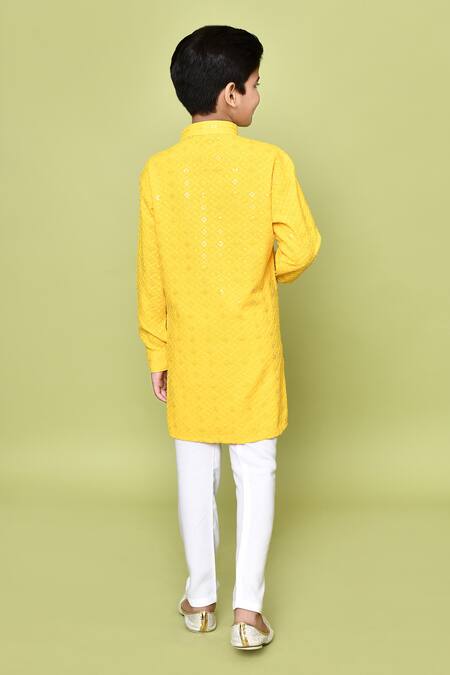 Shop_Petite Pomme_Yellow Cotton, Rayon Sequins, Embroidery Floral Pathani Kurta And Pyjama Set _at_Aza_Fashions