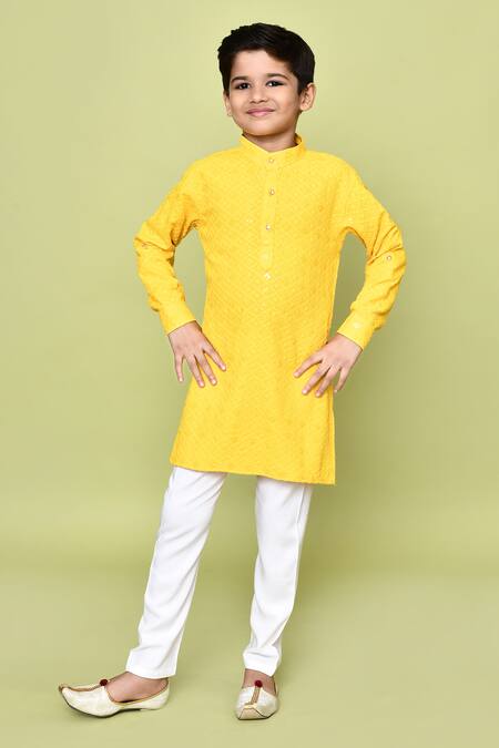 Buy_Petite Pomme_Yellow Cotton, Rayon Sequins, Embroidery Floral Pathani Kurta And Pyjama Set 