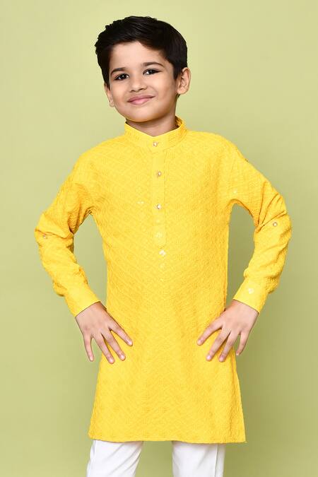 Shop Petite Pomme Yellow Cotton, Rayon Sequins, Embroidery Floral Pathani Kurta And Pyjama Set Shop_Petite Pomme_Yellow Cotton, Rayon Sequins, Embroidery Floral Pathani Kurta And Pyjama Set