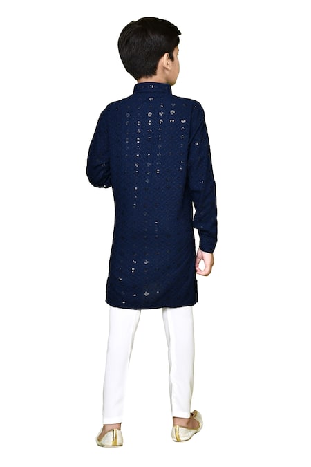 Shop_Petite Pomme_Blue Cotton, Rayon Embroidery Sequins Pathani Kurta And Pyjama Set_Online_at_Aza_Fashions
