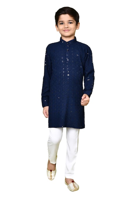 Petite Pomme_Blue Cotton, Rayon Embroidery Sequins Pathani Kurta And Pyjama Set_at_Aza_Fashions