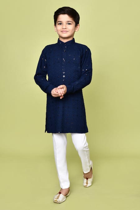 Buy_Petite Pomme_Blue Cotton, Rayon Embroidery Sequins Pathani Kurta And Pyjama Set