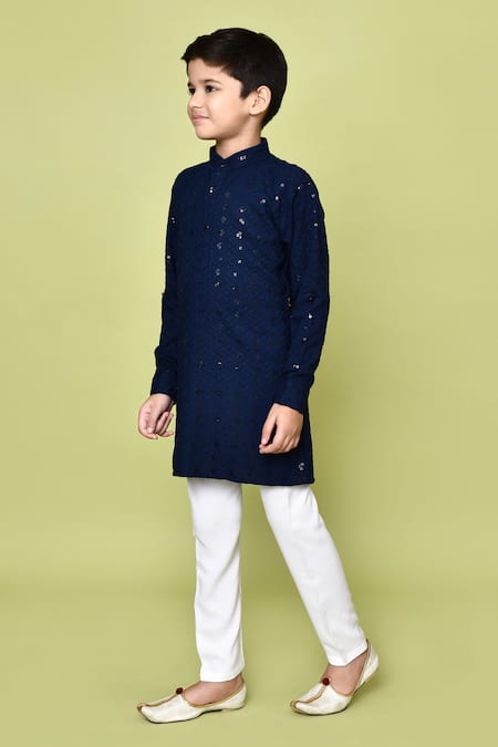 Shop_Petite Pomme_Blue Cotton, Rayon Embroidery Sequins Pathani Kurta And Pyjama Set