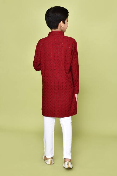 Shop_Samyukta Singhania_Maroon Cotton, Rayon Embroidery, Band Collared Pathani Kurta And Pyjama Set _at_Aza_Fashions