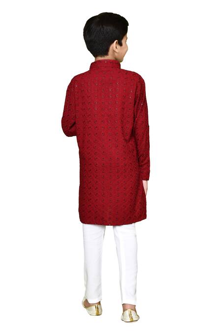 Shop Samyukta Singhania Maroon Cotton, Rayon Embroidery, Band Collared Pathani Kurta And Pyjama Set Online at Aza Fashions Shop_Samyukta Singhania_Maroon Cotton, Rayon Embroidery, Band Collared Pathani Kurta And Pyjama Set _Online_at_Aza_Fashions