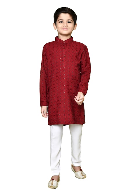 Samyukta Singhania Maroon Cotton, Rayon Embroidery, Band Collared Pathani Kurta And Pyjama Set at Aza Fashions Samyukta Singhania_Maroon Cotton, Rayon Embroidery, Band Collared Pathani Kurta And Pyjama Set _at_Aza_Fashions