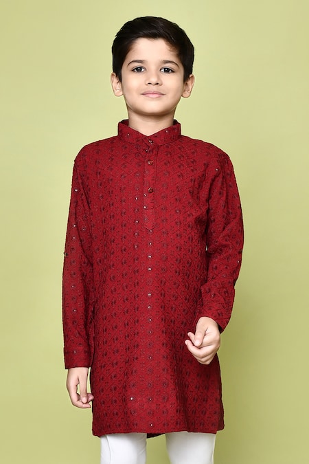 Buy Samyukta Singhania Maroon Cotton, Rayon Embroidery, Band Collared Pathani Kurta And Pyjama Set Buy_Samyukta Singhania_Maroon Cotton, Rayon Embroidery, Band Collared Pathani Kurta And Pyjama Set