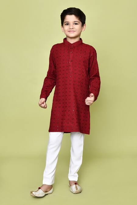 Shop Samyukta Singhania Maroon Cotton, Rayon Embroidery, Band Collared Pathani Kurta And Pyjama Set Shop_Samyukta Singhania_Maroon Cotton, Rayon Embroidery, Band Collared Pathani Kurta And Pyjama Set