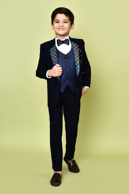 Shop_Petite Pomme_Blue Satin, Polyester, Cotton, Terrycloth Sequins Printed Lapel Coat Pant Set 