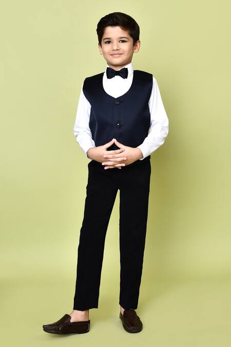 Buy_Petite Pomme_Navy Satin, Polyester, Cotton, Terrycloth Cut Blue Embellished Coat Pant Set _Online_at_Aza_Fashions