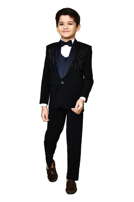 Buy Petite Pomme Navy Satin, Polyester, Cotton, Terrycloth Cut Blue Embellished Coat Pant Set Buy_Petite Pomme_Navy Satin, Polyester, Cotton, Terrycloth Cut Blue Embellished Coat Pant Set