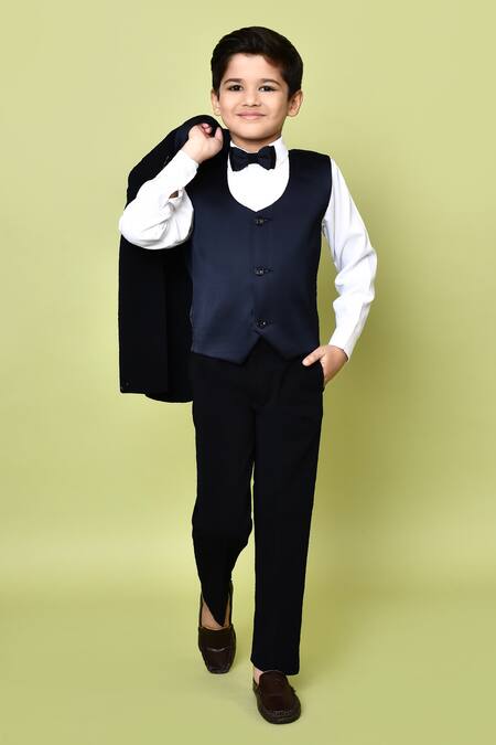 Shop Petite Pomme Navy Satin, Polyester, Cotton, Terrycloth Cut Blue Embellished Coat Pant Set Shop_Petite Pomme_Navy Satin, Polyester, Cotton, Terrycloth Cut Blue Embellished Coat Pant Set