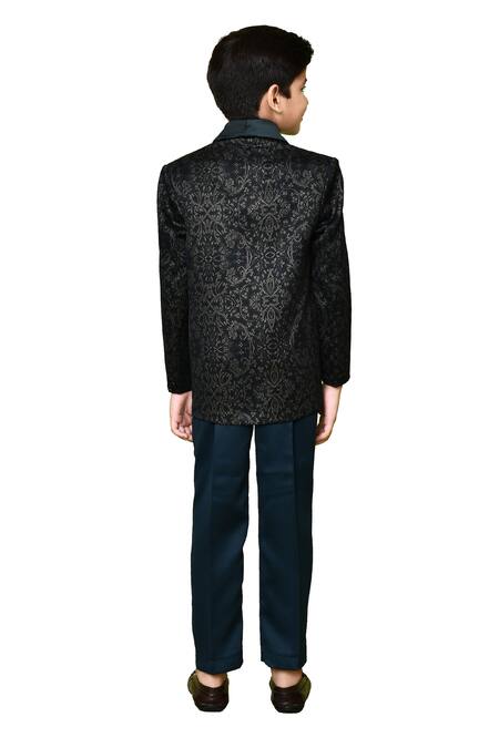 Shop Petite Pomme Black Cotton Satin, Polyester, Silk Embroidery Printed Coat And Trouser Set Online at Aza Fashions Shop_Petite Pomme_Black Cotton Satin, Polyester, Silk Embroidery Printed Coat And Trouser Set _Online_at_Aza_Fashions