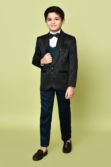 Shop Petite Pomme Black Cotton Satin, Polyester, Silk Embroidery Printed Coat And Trouser Set Shop_Petite Pomme_Black Cotton Satin, Polyester, Silk Embroidery Printed Coat And Trouser Set