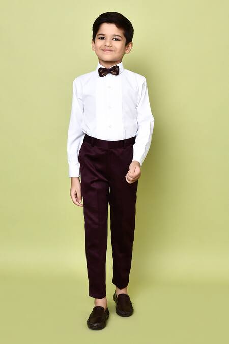 Petite Pomme_Wine Cotton Satin, Jacquard, Polyester Bows, Embroidery Woven Coat And Pant Set _Online_at_Aza_Fashions