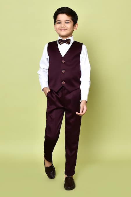 Buy_Petite Pomme_Wine Cotton Satin, Jacquard, Polyester Bows, Embroidery Woven Coat And Pant Set _Online_at_Aza_Fashions