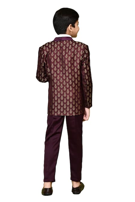 Shop_Petite Pomme_Wine Cotton Satin, Jacquard, Polyester Bows, Embroidery Woven Coat And Pant Set _Online_at_Aza_Fashions