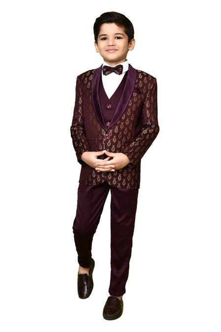 Petite Pomme Wine Cotton Satin, Jacquard, Polyester Bows, Embroidery Woven Coat And Pant Set at Aza Fashions Petite Pomme_Wine Cotton Satin, Jacquard, Polyester Bows, Embroidery Woven Coat And Pant Set _at_Aza_Fashions