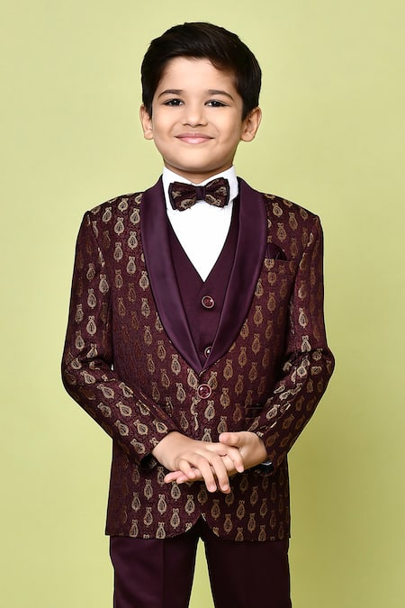 Buy Petite Pomme Wine Cotton Satin, Jacquard, Polyester Bows, Embroidery Woven Coat And Pant Set Buy_Petite Pomme_Wine Cotton Satin, Jacquard, Polyester Bows, Embroidery Woven Coat And Pant Set