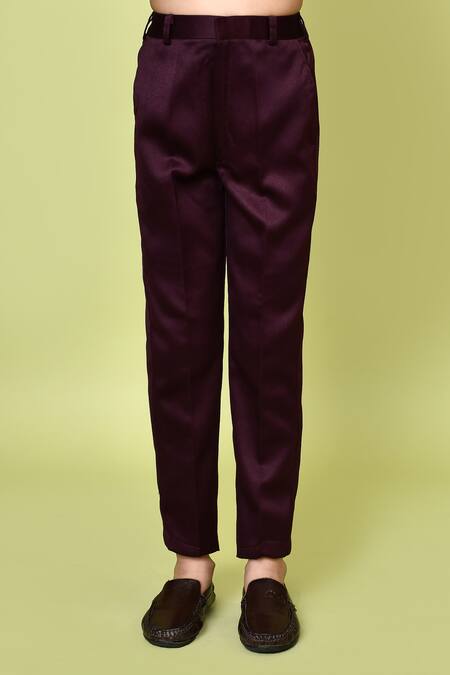 Shop_Petite Pomme_Wine Cotton Satin, Jacquard, Polyester Bows, Embroidery Woven Coat And Pant Set 