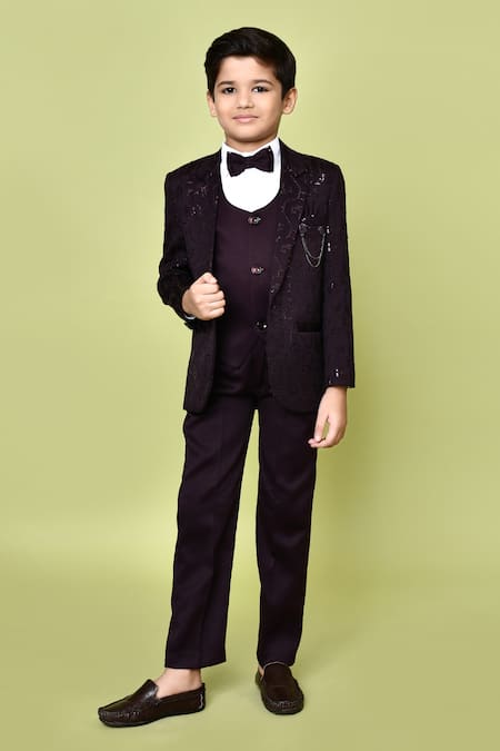 Buy_Petite Pomme_Wine Cotton Satin, Polyester, Terrycloth Sequins Embroidered Coat Set 