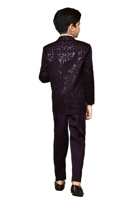 Shop Petite Pomme Wine Cotton Satin, Polyester, Terrycloth Sequins Embroidered Coat Set Shop_Petite Pomme_Wine Cotton Satin, Polyester, Terrycloth Sequins Embroidered Coat Set