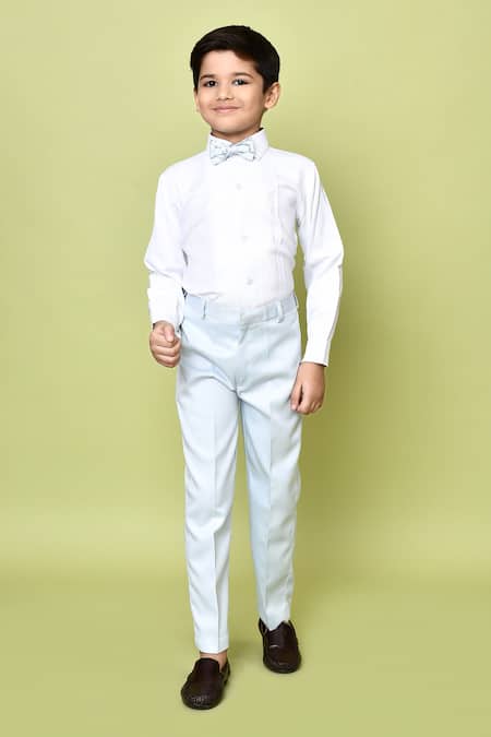 Petite Pomme_Sky Blue Cotton Satin, Polyester Sequins Embroidered Coat Pant Set _Online_at_Aza_Fashions