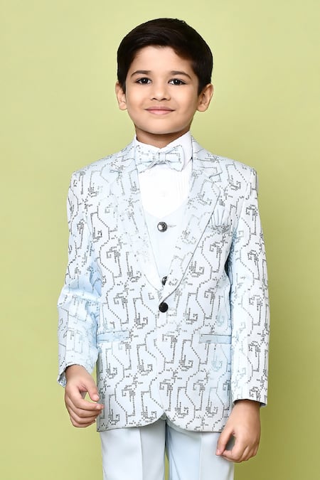 Petite Pomme_Sky Blue Cotton Satin, Polyester Sequins Embroidered Coat Pant Set _at_Aza_Fashions