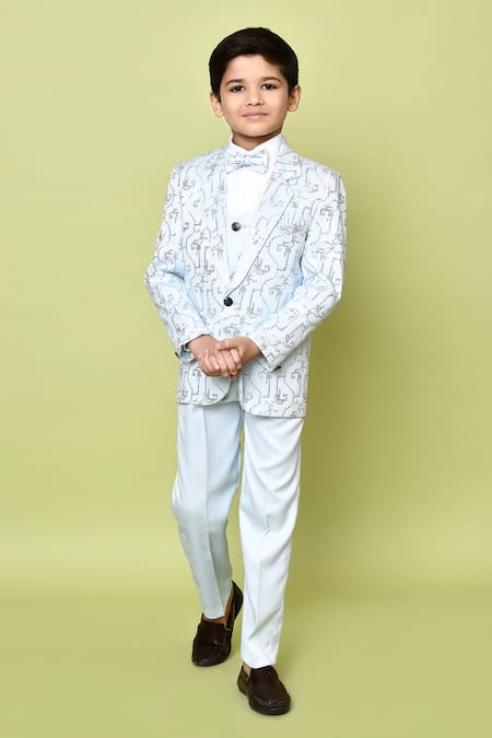 Shop_Petite Pomme_Sky Blue Cotton Satin, Polyester Sequins Embroidered Coat Pant Set 