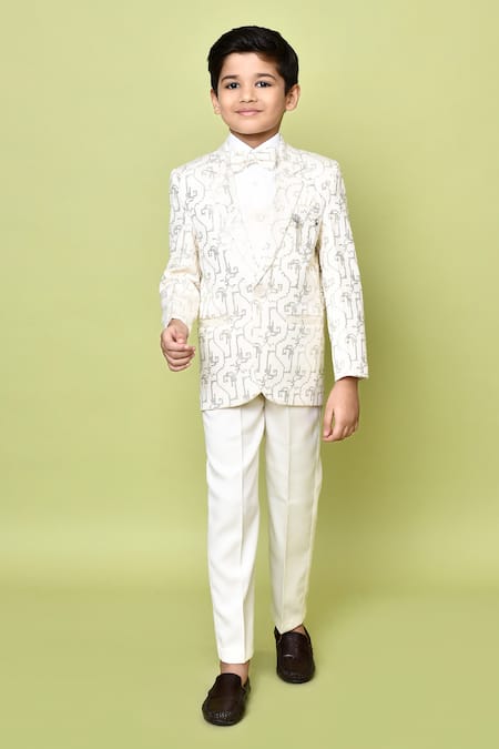 Petite Pomme Geometric Sequin Embroidered Coat Pant Set 