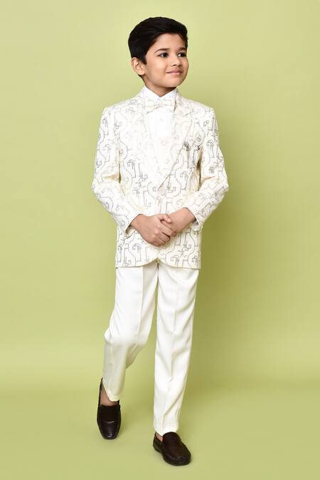 Shop Petite Pomme Cream Cotton Satin Sequins Geometric Embroidered Coat Pant Set Shop_Petite Pomme_Cream Cotton Satin Sequins Geometric Embroidered Coat Pant Set