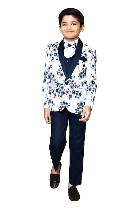 Shop_Petite Pomme_White Cotton, Polyester, Terrycloth Embroidery Navy Floral Print Suit Set_Online_at_Aza_Fashions
