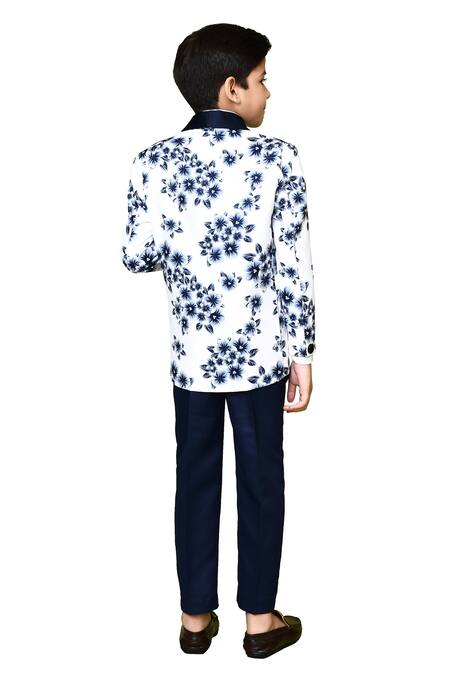 Petite Pomme_White Cotton, Polyester, Terrycloth Embroidery Navy Floral Print Suit Set_at_Aza_Fashions