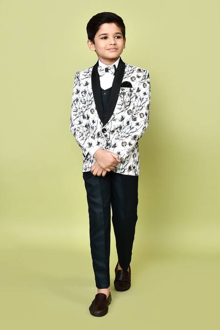 Petite Pomme_White Polyester, Terrycloth, Cotton Embroidery Blooming Tree Print Suit Set_at_Aza_Fashions