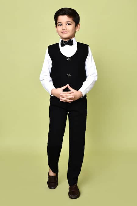 Buy_Petite Pomme_Black Terrycloth, Polyester, Cotton Sequins Abstract Embroidered Coat Pant Set _Online_at_Aza_Fashions