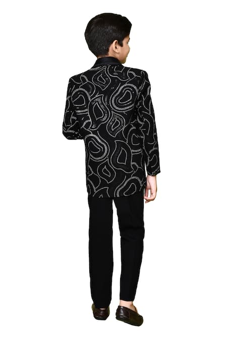 Shop_Petite Pomme_Black Terrycloth, Polyester, Cotton Sequins Abstract Embroidered Coat Pant Set _Online_at_Aza_Fashions