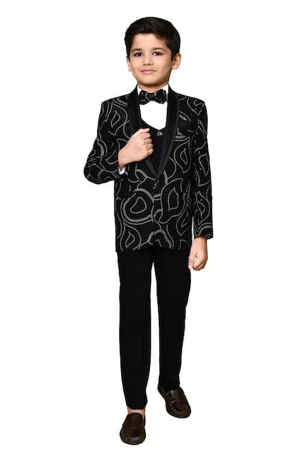 Petite Pomme_Black Terrycloth, Polyester, Cotton Sequins Abstract Embroidered Coat Pant Set _at_Aza_Fashions