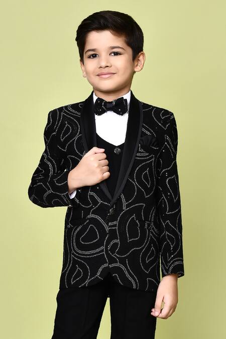 Buy_Petite Pomme_Black Terrycloth, Polyester, Cotton Sequins Abstract Embroidered Coat Pant Set 