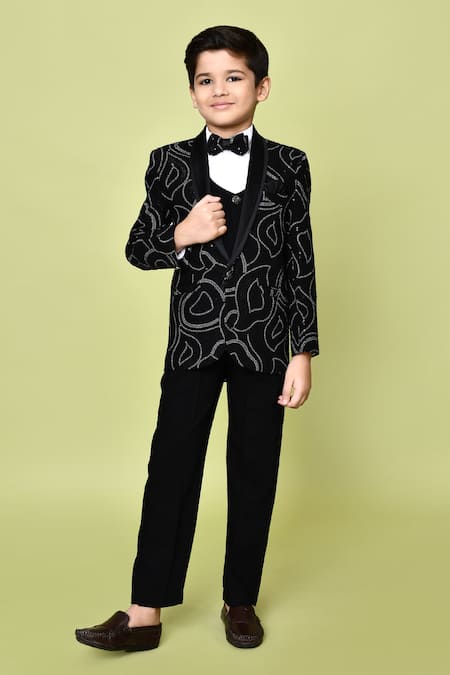 Shop_Petite Pomme_Black Terrycloth, Polyester, Cotton Sequins Abstract Embroidered Coat Pant Set 