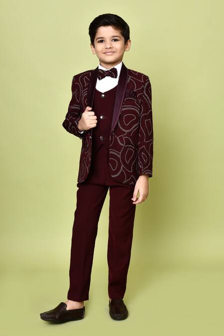 Shop Petite Pomme Maroon Polyester, Cotton, Terrycloth Abstract Pattern Work Coat Pant Set Shop_Petite Pomme_Maroon Polyester, Cotton, Terrycloth Abstract Pattern Work Coat Pant Set