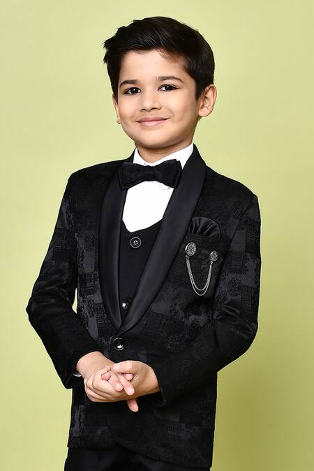 Petite Pomme_Black Terrycloth, Polyester, Cotton, Jacquard Embroidery Coat And Trouser Set _at_Aza_Fashions